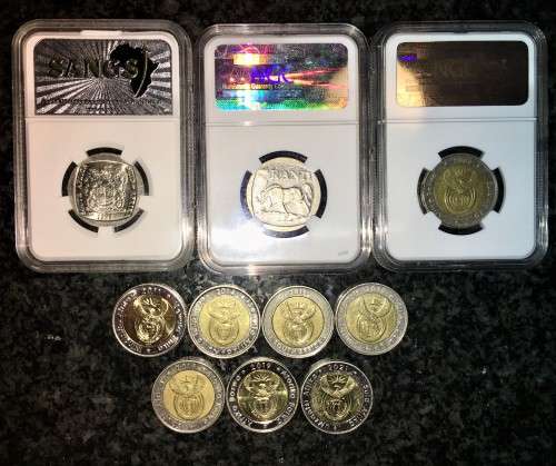 COMPLETE SET OF COMMEMORATIVE R5 COINS 1994 TO 2021--3 GRADED COINS and HIGH GRADE CIRCULATED COINS