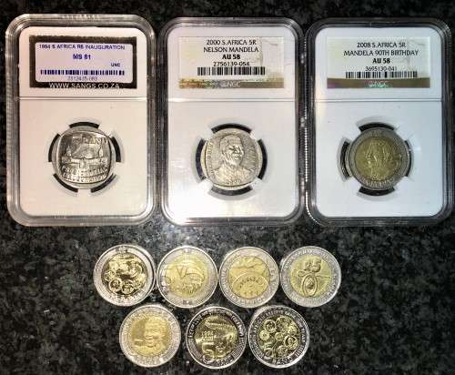COMPLETE SET OF COMMEMORATIVE R5 COINS 1994 TO 2021--3 GRADED COINS and HIGH GRADE CIRCULATED COINS