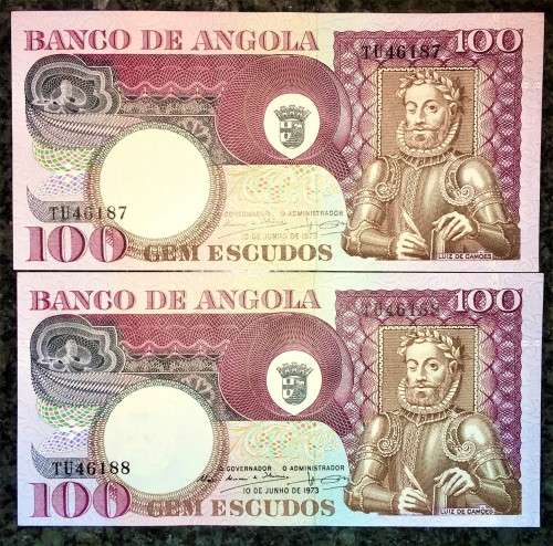 ANGOLA/PORTUGAL 100 ESCUDOS IN SEQUENCE TU46188-187 CRISP UNC 1973 (1 BID TAKES ALL)