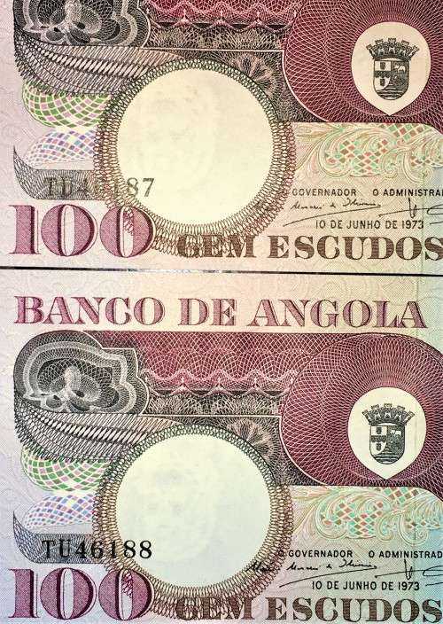 ANGOLA/PORTUGAL 100 ESCUDOS IN SEQUENCE TU46188-187 CRISP UNC 1973 (1 BID TAKES ALL)