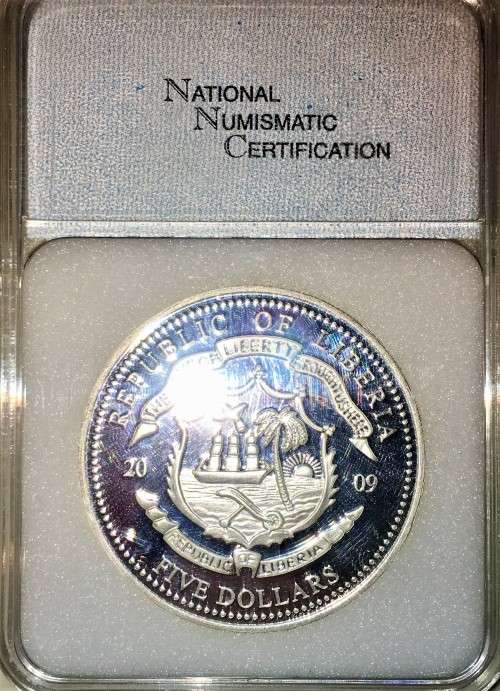 OBAMA INAUGURATION $5 REPUBLIC OF LIBERIA GRADED PR-70 DC 2009--NO 71/1000 SILVER COLOUR