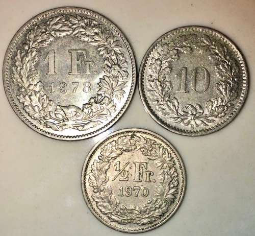 SWITZERLAND HELVETICA SET 1 FRANC 1978,10 FRANC 1969 & 1/2 FRANC 1970(1 BID TAKES ALL)