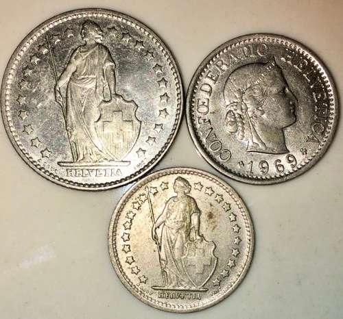 SWITZERLAND HELVETICA SET 1 FRANC 1978,10 FRANC 1969 & 1/2 FRANC 1970(1 BID TAKES ALL)