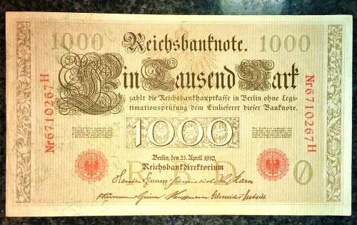 GERMANY 1000 MARK 1910 (O) RED SEAL BIG NOTE