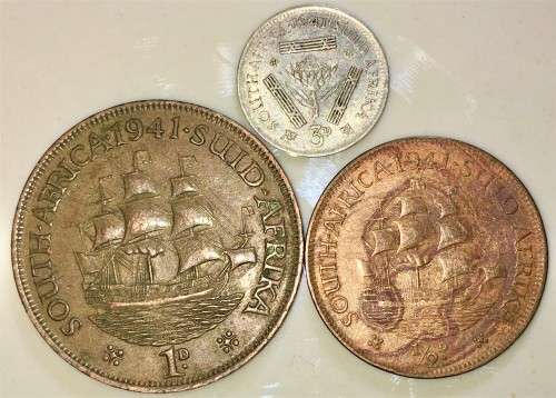 S A UNION SET--SILVER  3D TICKEY , 1 PENNY &  1/2 PENNY 1941 SILVER 80%(1 BID TAKES ALL)