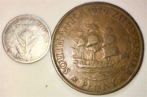 S A UNION SET ZUID AFRIKA --SILVER 3D TICKEY & 1 PENNY 1929 SILVER 80%(1 BID TAKES ALL)