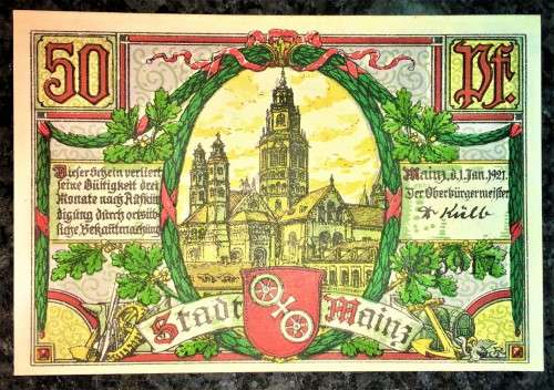 GERMANY 50 PFENNIG MAINZ 1921 UNC NOTGELD (EMERGENCY MONEY)