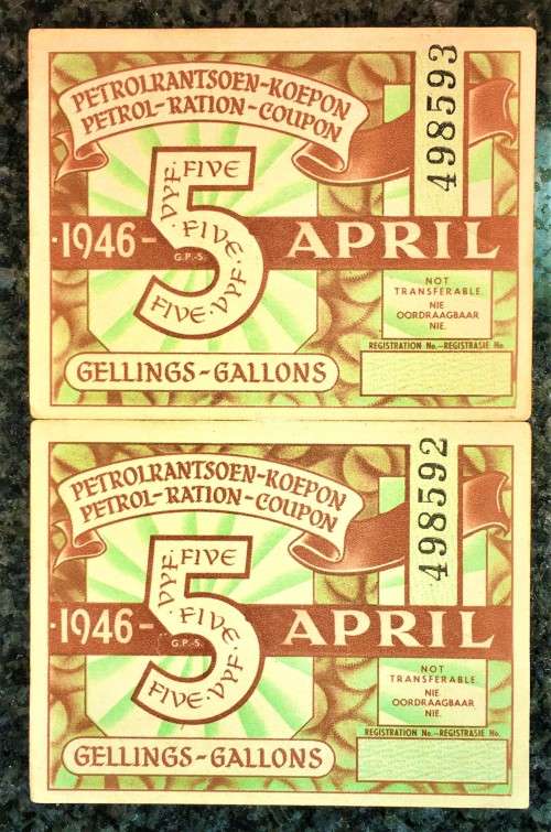 S A UNION PETROL RATION COUPON 5 GALLONS IN SEQUENCE 498592-593---1946 APRIL UNUSED BLANK