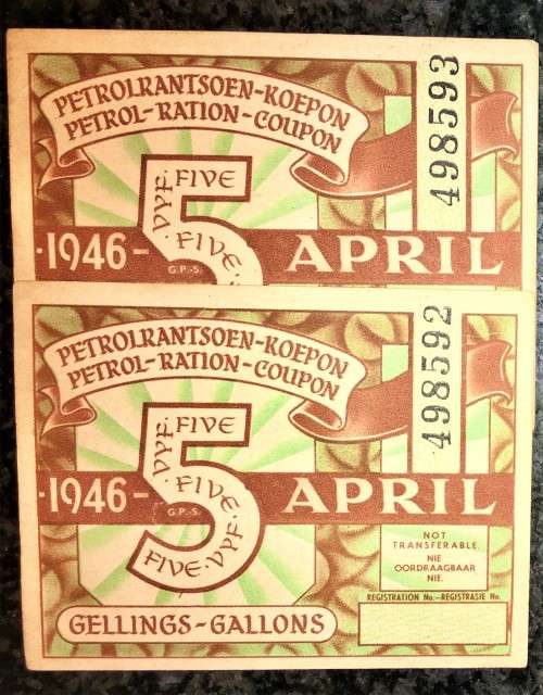 S A UNION PETROL RATION COUPON 5 GALLONS IN SEQUENCE 498592-593---1946 APRIL UNUSED BLANK