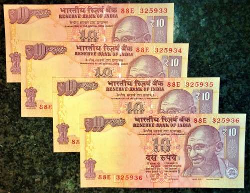 INDIA 10 RUPEE IN SEQUENCE 88E/325933-936 MAHATMA GANDHI 2012 UNC( 1 BID TAKES ALL)