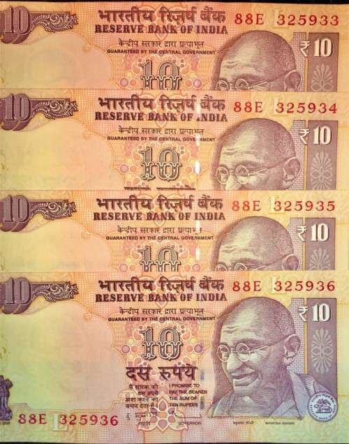 INDIA 10 RUPEE IN SEQUENCE 88E/325933-936 MAHATMA GANDHI 2012 UNC( 1 BID TAKES ALL)