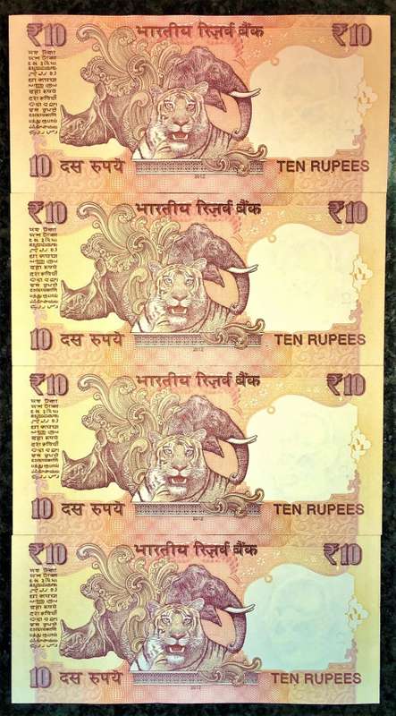 INDIA 10 RUPEE IN SEQUENCE 88E/325933-936 MAHATMA GANDHI 2012 UNC( 1 BID TAKES ALL)