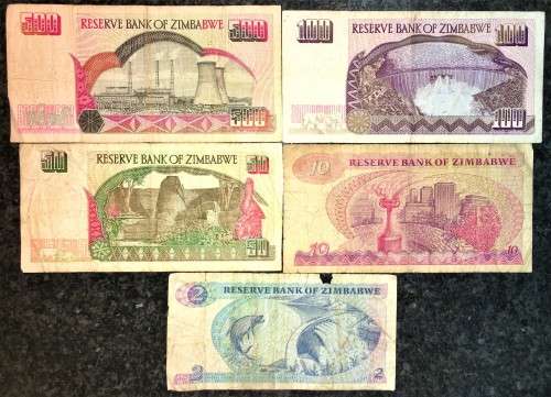 ZIMBABWE SET $500  2001, $100 1995,$50 1994, $10 1994, & $2 1994(1 BID TAKES ALL)