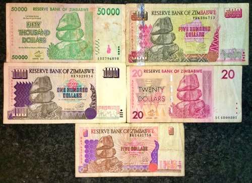 ZIMBABWE SET 50,000 DOLLARS 2008 , $500  2001, $100 1995, $20  2007  & $5  1997(1 BID TAKES ALL)
