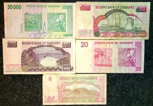 ZIMBABWE SET 50,000 DOLLARS 2008 , $500  2001, $100 1995, $20  2007  & $5  1997(1 BID TAKES ALL)
