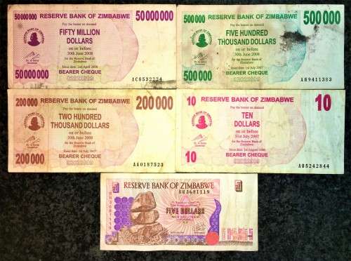 ZIMBABWE SET $50 MILLION DOLLARS,$500,000, $200,000, $10 & $5 DOLLARS 1997-2008(1 BID TAKES ALL)