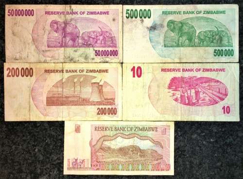 ZIMBABWE SET $50 MILLION DOLLARS,$500,000, $200,000, $10 & $5 DOLLARS 1997-2008(1 BID TAKES ALL)