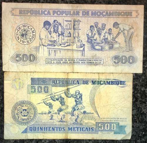 MOZAMBIQUE TWO DIFFERENT 500 METICAIS 1986 & 1991 (1 BID TAKES ALL)