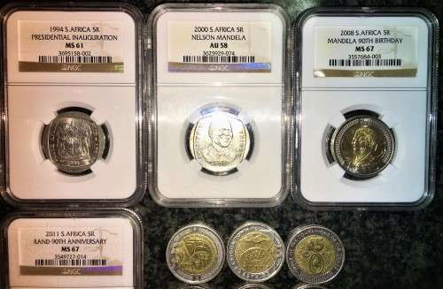 COMPLETE SET OF COMMEMORATIVE R5 COINS 1994 TO 2021 FOUR GRADED COINS