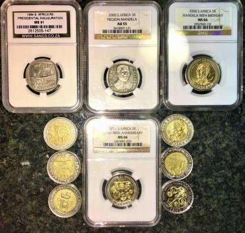 COMPLETE SET OF COMMEMORATIVE R5 COINS 1994 TO 2021 FOUR GRADED COINS & HIGH GRADE CIRCULATED COINS