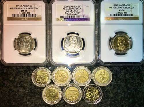 COMPLETE SET OF COMMEMORATIVE R5 COINS 1994 TO 2021 THREE GRADED COINS & HIGH GRADE CIRCULATED COINS