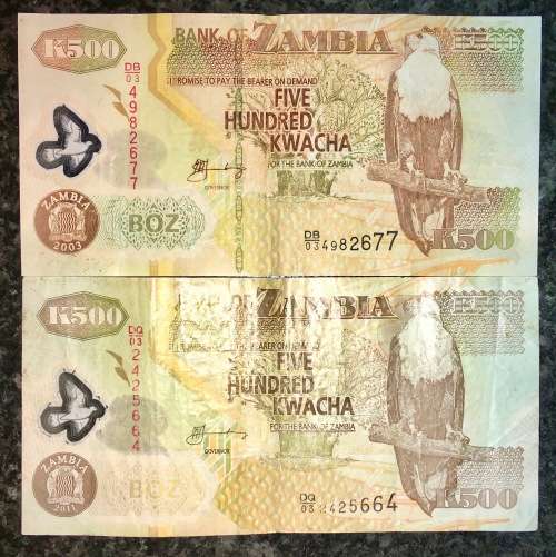 ZAMBIA 2 DIFFERENT 500 KWACHA 2003 & 20011 (1 BID TAKES ALL)