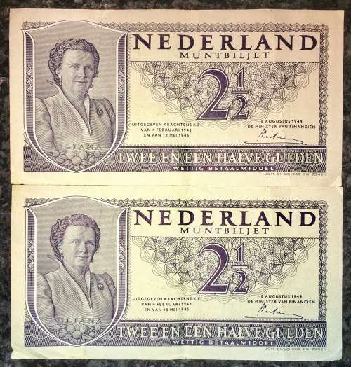 NEDERALNDS 2 1/2 GULDEN IN SEQUENCE 1BF039639-640 (1 BID TAKES ALL)