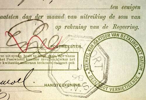 ORANJE VRIJ STAAT POST NOOT WTM 1 POUND STAMPED BETHLEHEM  and FRANCFORT 1898