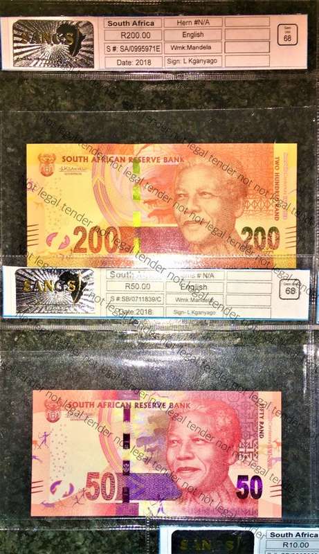 L KGANYAGO FULL SET R200 TO R10 GRADED 68-66 GEM UNC 2ND ISSUE 2018( MANDELA WTM)