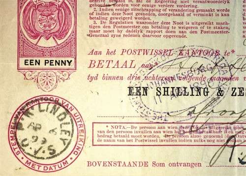 Z.A.R ORANJE VRIJ STAAT POST NOOT WTM 1 SHILLING & 6 PENCE STAMP LINDLEY 1898 & JHB 1899--PRETORIA
