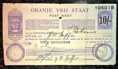 Z.A.R ORANJE VRIJ STAAT POST NOOT WTM 10 SHILLING  STAMP BLOEM 1898 & PRETORIA 1899--PRETORIA