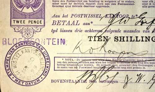 Z.A.R ORANJE VRIJ STAAT POST NOOT WTM 10 SHILLING  STAMP BLOEM 1898 & PRETORIA 1899--PRETORIA