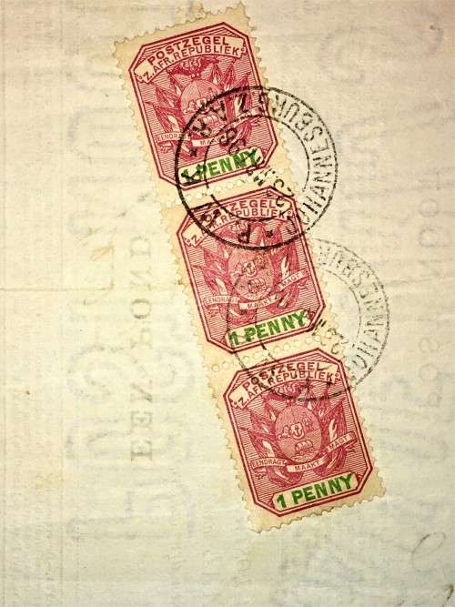 Z.A.R ORANJE VRIJ STAAT POST NOOT WTM 1 POUND STAMP HARRISMITH 1898 & JHB 1899--BACK JHB