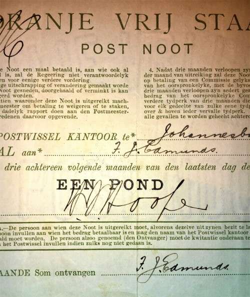 Z.A.R ORANJE VRIJ STAAT POST NOOT WTM 1 POUND STAMP HARRISMITH 1898 & JHB 1899--BACK JHB