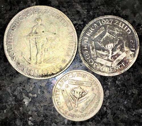 S A UNION SILVER SET 1 SHILLING, 6D SIXPENCE & 3D TICKEY 1927 --80%SILVER (1 BID TAKES ALL)