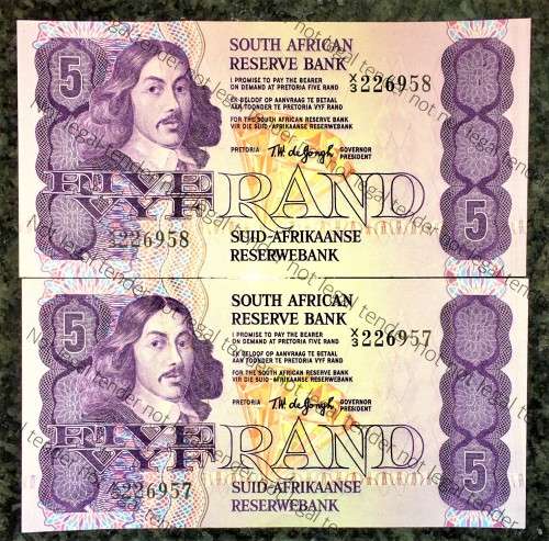 TW DE JONGH REPLACEMENT R5 IN SEQ X3-226958-957- AUNC 4TH ISSUE 1978 VAN RIEBEECK WTM(1BID TAKES ALL
