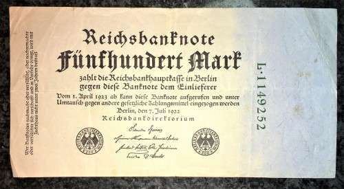GERMANY 500 MARK 1922 BERLIN