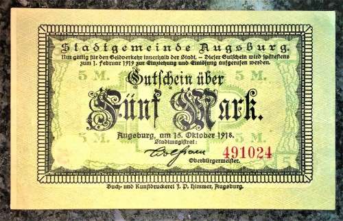 GERMANY 5 MARK RUGSBURG 1918