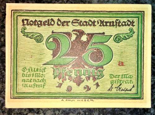 GERMANY 25 PFENNIG ARNSTADT 1921 AUNC  NOTGELD (EMERGENCY MONEY)