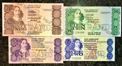 REPLACEMENT NOTES COMPLETE SET OF TW DE JONGH  R20--Z1 UNC, R10--Y4, R5--X2, R2--W1 UNC--4TH ISSUE
