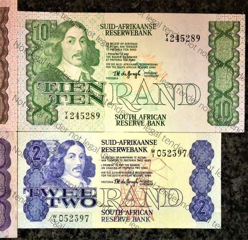 REPLACEMENT NOTES COMPLETE SET OF TW DE JONGH  R20--Z1 UNC, R10--Y4, R5--X2, R2--W1 UNC--4TH ISSUE