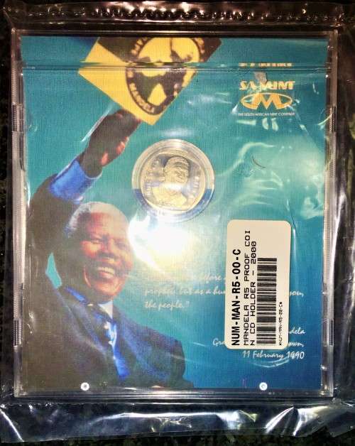MANDELA COMMEMORATIVE R5 --STILL SEALED MANDELA 2000 PROOF LIKE COIN IN MANDELA CD COVER