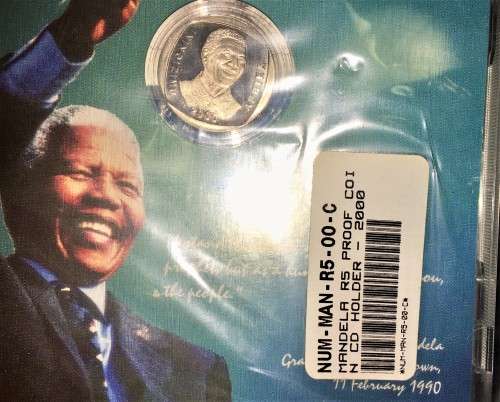 MANDELA COMMEMORATIVE R5 --STILL SEALED MANDELA 2000 PROOF LIKE COIN IN MANDELA CD COVER