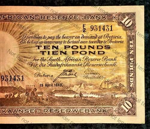 J.POSTMUS 10 POUND 1943 APRIL 19TH  ENG/AFR,,,F2--931431 FIRST ISSUE VAN RIEBEECK WTM