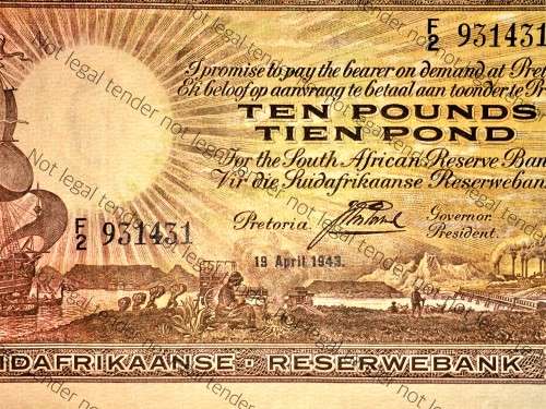 J.POSTMUS 10 POUND 1943 APRIL 19TH  ENG/AFR,,,F2--931431 FIRST ISSUE VAN RIEBEECK WTM