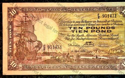 J.POSTMUS 10 POUND 1943 APRIL 19TH  ENG/AFR,,,F2--931431 FIRST ISSUE VAN RIEBEECK WTM