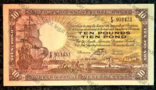 J.POSTMUS 10 POUND 1943 APRIL 19TH  ENG/AFR,,,F2--931431 FIRST ISSUE VAN RIEBEECK WTM