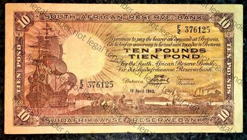 J.POSTMUS 10 POUND 1943 APRIL 19TH  ENG/AFR,,,F2--376125 FIRST ISSUE VAN RIEBEECK WTM
