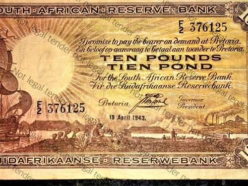 J.POSTMUS 10 POUND 1943 APRIL 19TH  ENG/AFR,,,F2--376125 FIRST ISSUE VAN RIEBEECK WTM