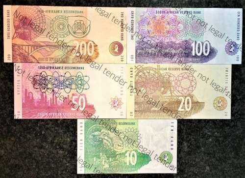COMPLETE SET OF TT MBOWENI R200 TO R10 FIRST ISSUE 1999/2004 UNC-AUNC (ANIMALS WTM) 1 BID TAKES ALL